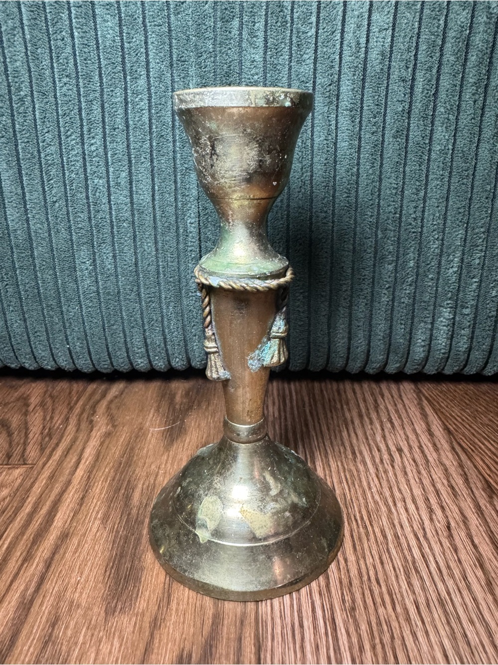 Antique-Style Brass Candlestick Holder in Aged Gold with Braided Rope and Tassel